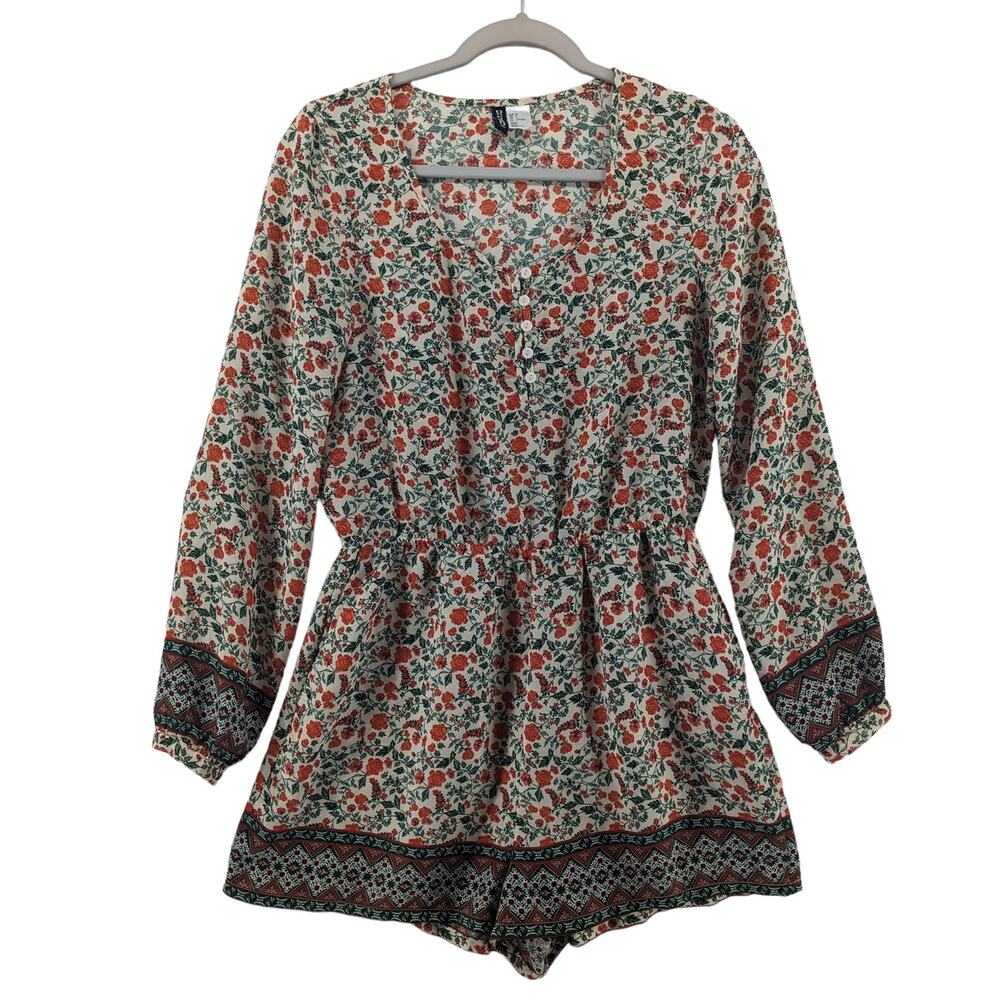 Divided by H&M Floral Romper Size 6 Beige Button Front Elastic Waist Long Sleeve